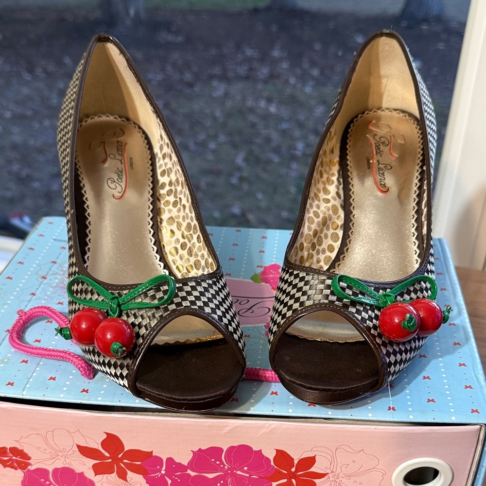 Poetic License Brown and White Checkered Heels with Cherry Detail